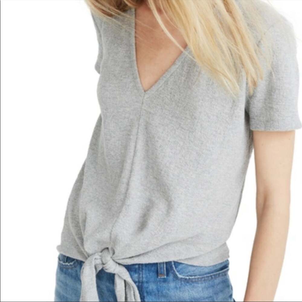 Madewell texture & thread gray tie knot top large cotton short sleeve minimalist